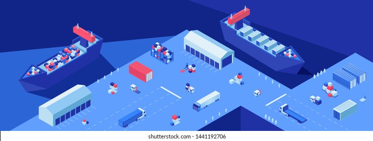 Ilustración vectorial plana isométrica del astillero de envío. Transporte de envío, operaciones de importación y exportación, servicio de entrega marítima. Centro logístico, buques de carga con contenedores en puerto, puerto marítimo