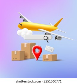 Shippment online tracking 3d render composition with carton boxes and yellow airplaine, search field UI element