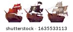 Ships after shipwreck, old broken sail boats. Vector cartoon abandoned or sunken galleon, pirate vessel with black flag and skull after sea battle isolated on white background