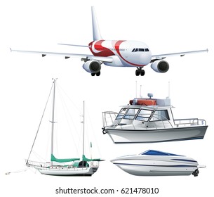 Ships and airplane on white background illustration
