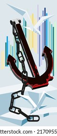 a ship's anchor with a chain standing on an ice floe against the background of the northern lights and flying seagulls