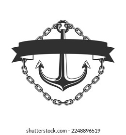 Ships anchor icon with chain and ribbon. Monochrome sea anchor sign.