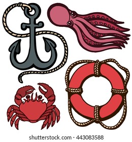 Ship's anchor, lifebuoy and marine animals. Marine set. Isolation objects. Vector illustration