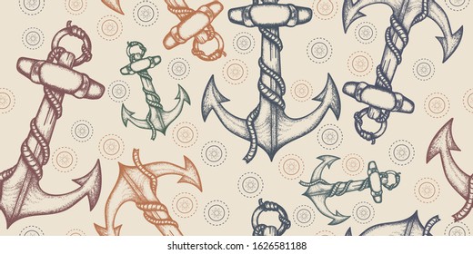 Ships anchor and rope. Seamless pattern. Packing old paper, scrapbooking style. Vintage background. Medieval manuscript, engraving art. Sea adventure concept 