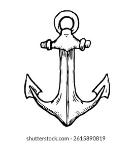 A ship's anchor, a sketch in black and white ink. Vector illustration. Vintage marine anchors linear pattern, isolated on a white background. Design element for logos, posters, postcards, banners