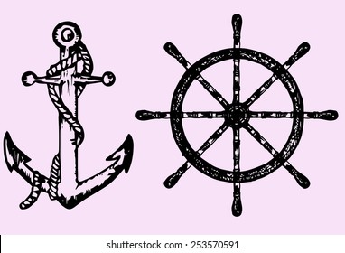 ships anchor and wheel, doodle style, sketch illustration