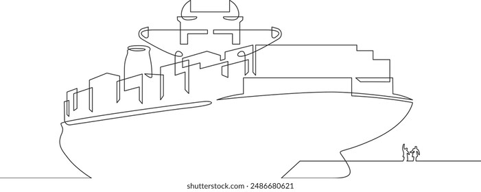 Das Schiff kommt im Hafen an. Treffen am Pier. Das Schiff segelt. Seeverkehr. Eine durchgehende Strichzeichnung auf weißem, isoliertem Hintergrund. Minimalismus lineare Darstellung.