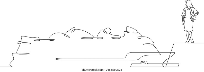 Ship's arrival at the port. Meeting on the pier. The ship is sailing. Sea transport. One continuous line drawing on a white isolated background. Minimalism linear illustration.