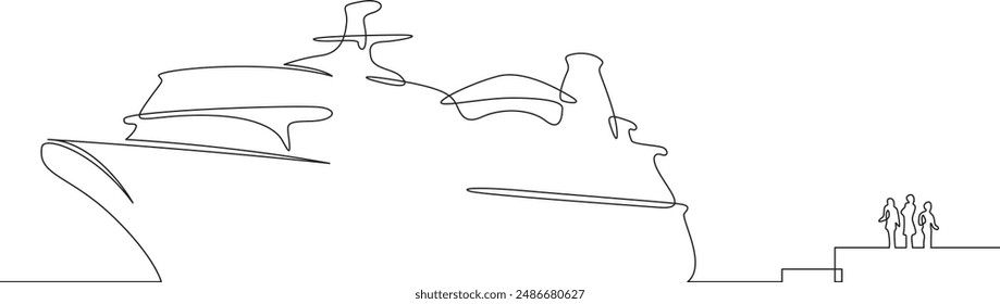 Ship's arrival at the port. Meeting on the pier. The ship is sailing. Sea transport. One continuous line drawing on a white isolated background. Minimalism linear illustration.