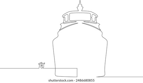 Ship's arrival at the port. Meeting on the pier. The ship is sailing. Sea transport. One continuous line drawing on a white isolated background. Minimalism linear illustration.