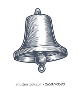 The ship's bell is made in monochrome style with dark lines on a light background. Vintage vector hand-drawn illustration. Linear drawing on a white background.