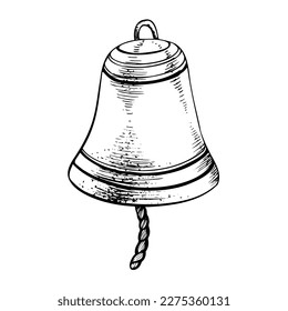 Ship's bell with a rope. Isolated object drawn by hand in graphic technique. Vector illustration for beach, summer, nautical decoration and design.