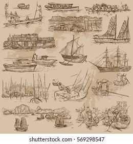 Ships and Boats around the World. Collection of an hand drawn vector illustrations.