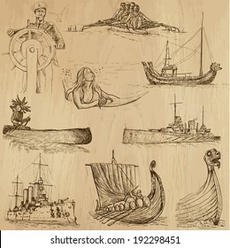 Ships and Boats around the World (vector pack no.2). Collection of an hand drawn illustrations (originals). Each drawing comprises of two layers of outlines, the colored background is isolated.