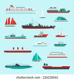 Ships and boats cargo cruise and container marine transport decorative icons colored set isolated vector illustration