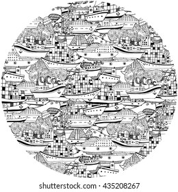 Ships and boats cargo cruise and container marine transport Collage in the circle.