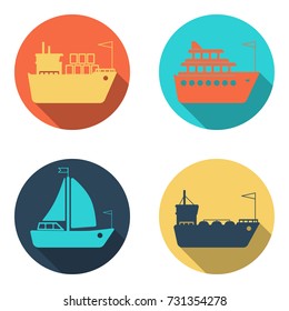 Ships, boats, cargo, logistics, transportation and shipping flat icons