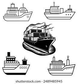 Ships, boats, cargo, transportation and shipping icons