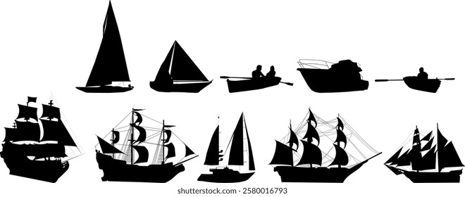 ships, boats collection, set silhouette on white background vector