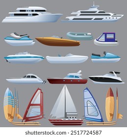 Navios e barcos, tipos diferentes. Transporte marítimo de passageiros. Embarcações marinhas modernas. Veleiro, iate à vela, navio de cruzeiro, cruzadores e navio. Ilustração de vetor plano isolada no plano de fundo branco