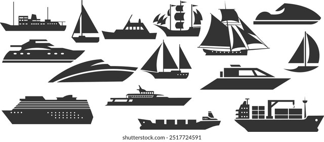 Ships and boats, different types. Passenger sea transport. Modern marine vessels set. Sailboat, sail yacht, cruise ferry, cruisers and liner. Flat vector illustration isolated on white background