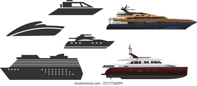 Barcos y barcos, diferentes tipos. Transporte marítimo de pasajeros. Conjunto de barcos marinos modernos. Velero, yate de vela, ferry de crucero, cruceros y transatlántico.