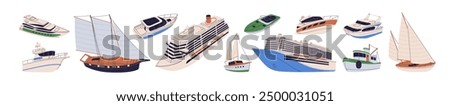 Ships and boats, different types. Passenger sea transport. Modern marine vessels set. Sailboat, sail yacht, cruise ferry, cruisers and liner. Flat vector illustration isolated on white background