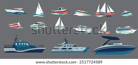 Ships and boats, different types. Passenger sea transport. Modern marine vessels set. Sailboat, sail yacht, cruise ferry, cruisers and liner. Flat vector illustration isolated on white background