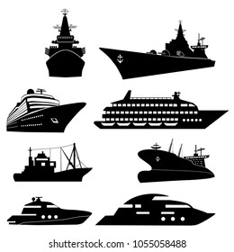 Ships and boats icons. Barge, cruise ship, shipping and fishing boat vector signs. Black silhouette of marine vehicles illustration