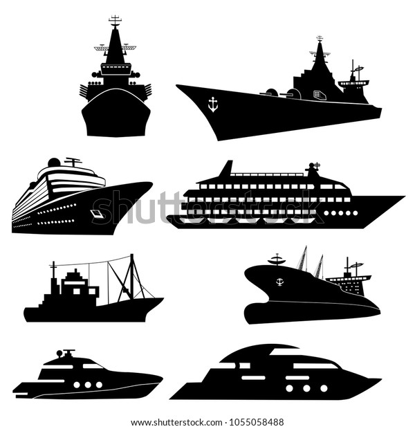 船と船のアイコン バージ クルーズ船 船舶 漁船のベクター画像標識 海洋車の黒いシルエットイラスト のベクター画像素材 ロイヤリティフリー 1055058488