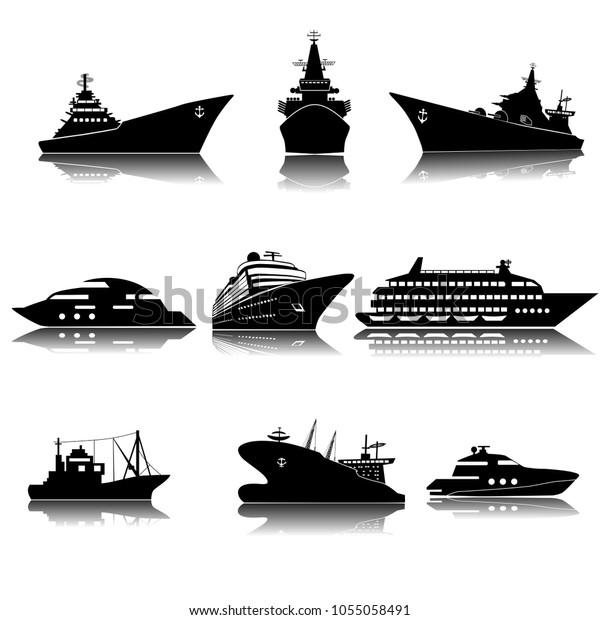 船と船のアイコン バージ クルーズ船 船舶 漁船のベクター画像標識 海洋車の黒いシルエットイラスト のベクター画像素材 ロイヤリティフリー