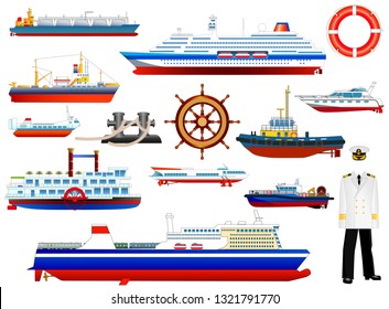 Ships and boats icons set. Various naval vessels and objects collection, isolated on white, vector.