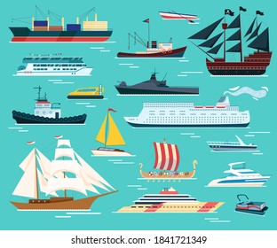 Ships and boats isolated set of vector illustrations. Shipping transport and travel vessels, sailboat, cruise liner, barge and sea yachts. Speedboats in ocean, sail transportation.