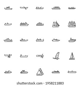 Ships and boats line icons set. linear style symbols collection, outline signs pack. vector graphics. Set includes icons as sailboat, submarine, cargo ship, cruise liner, rowboat, yacht, catamaran