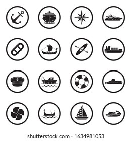 Ships, Boats And Nautical Icons. Black Flat Design In Circle. Vector Illustration.