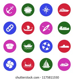 Ships, Boats And Nautical Icons. White Flat Design In Circle. Vector Illustration. 