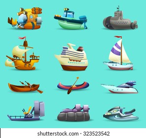 Ships and boats realistic icons set with motorboat submarine and yacht on blue background isolated vector illustration