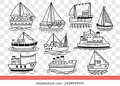 Ships and boats sailing on sea waves carrying goods or delivering tourists to islands. Set of ships or sea vessels for fishing and marine expeditions to explore ocean. Hand drawn doodle