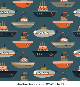 Barcos y barcos sin problemas. Viñeta dibujada a mano de la vela colorida de fondo infantil de repetición. Transporte de agua en azul oscuro. Diseño de tela infantil vectorial o papel tapiz.