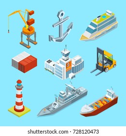 Ships, boats and seaport terminal. Cargo containers and crane for loading. Transportation shipping, container and sea port, logistic and delivery. Vector illustration