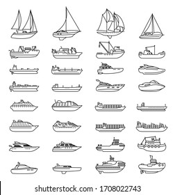 Ships and boats set. Barge and cargo ship, tanker, sailing vessel, cruise liner, tugboat, fishing and speed boat. Vector illustration