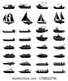 Embarcaciones y barcos. Barco de carga y barcaza, buque cisterna, buque vela, crucero, remolcador, buque pesquero y velero. Ilustración del vector