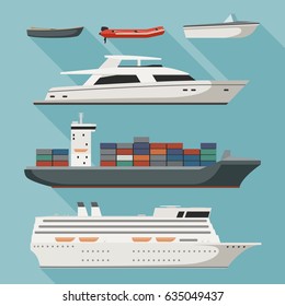 Ships and boats set. Vector flat simple illustration of boats, cruise ship and cargo ship.
