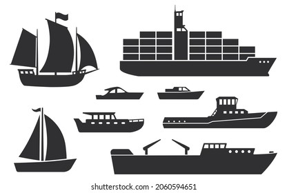 Barcos y barcos. Conjunto de iconos vectoriales: velero, yate, buque contenedor, buques de pasajeros y carga. Navegación, transporte y logística náutica. Bordes negros sobre fondo blanco. Diversos tipos de buques