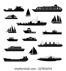 Ships and boats steamboat yacht and tanker freight industry decorative icons black and white set isolated vector illustration