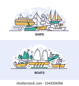 Ships and boats vector banner templates set. Modern and ancient water transport. Various maritime vehicles thin line illustrations with typography. Cruise liner yacht, jet ski, old fashioned sailboats