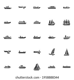 Ships and boats vector icons set, modern solid symbol collection, filled style pictogram pack. Signs, logo illustration. Set includes icons as sailboat, submarine, cargo ship, cruise liner, rowboat