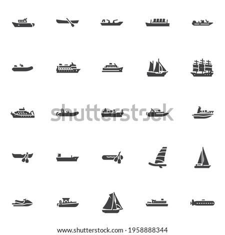 Ships and boats vector icons set, modern solid symbol collection, filled style pictogram pack. Signs, logo illustration. Set includes icons as sailboat, submarine, cargo ship, cruise liner, rowboat
