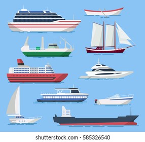 Embarcaciones y barcos vectoriales en un estilo plano. Ilustración de buques de pasajeros y carga en el mar. Iconos de los barcos marinos y fluviales aislados del fondo. 