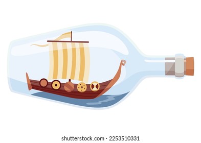 Ships in bottle. Glass with object inside. Miniature model of marine vessel. Hobby craft work and sea theme. Decorative marine souvenir, sailing craft